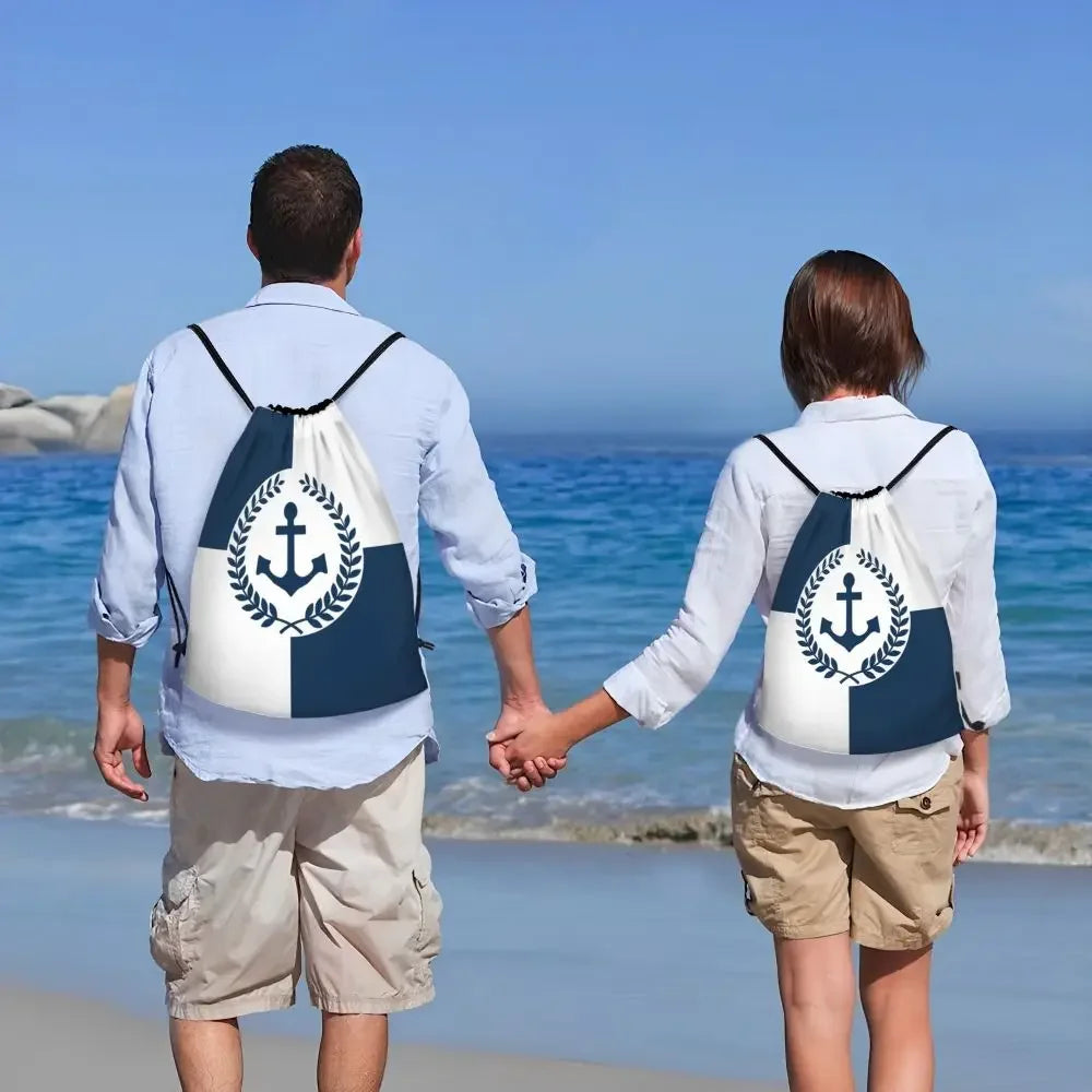 Custom Anchor And Navy Blue Stripes Drawstring Backpack Women Men Gym Sport Sackpack Portable Nautical Sailor Shopping Bag Sack