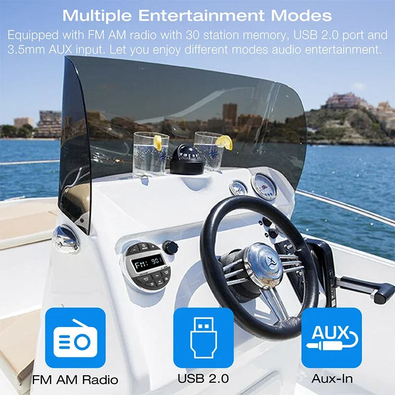 Marine Stereo Boat Radio Waterproof With Speaker Bluetooth FM AM Digital Media Audio Player For Yacht Gauge ATV UTV RV Golf Cart