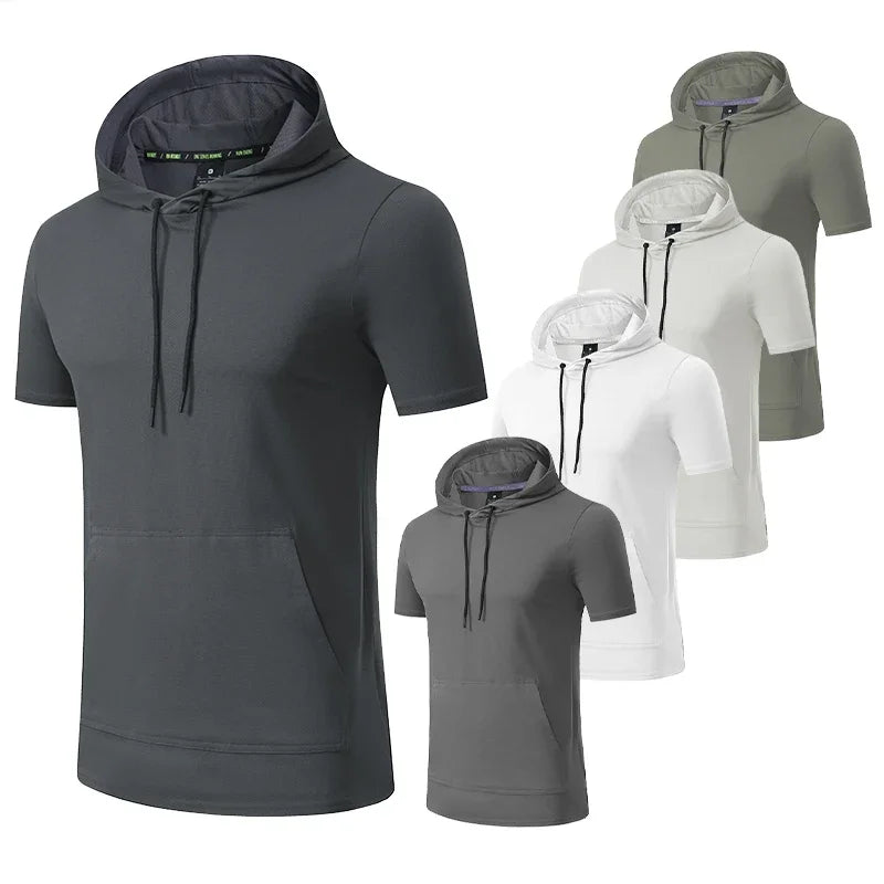 Mens Hoodies Sweatshirts Short Sleeve Tight Sports Jogging Compression Hoodie Outdoor Leisure Tees Casual Solid Color Hoody