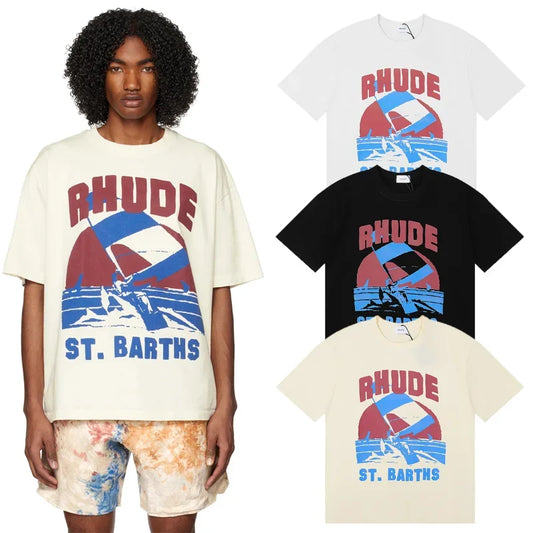 NewRHUDE Yacht Club Preto Damasco Branco Rhude Camiseta Homens Mulheres Oversized Manga Curta RHUDE Windsurf Print Tee Top academia