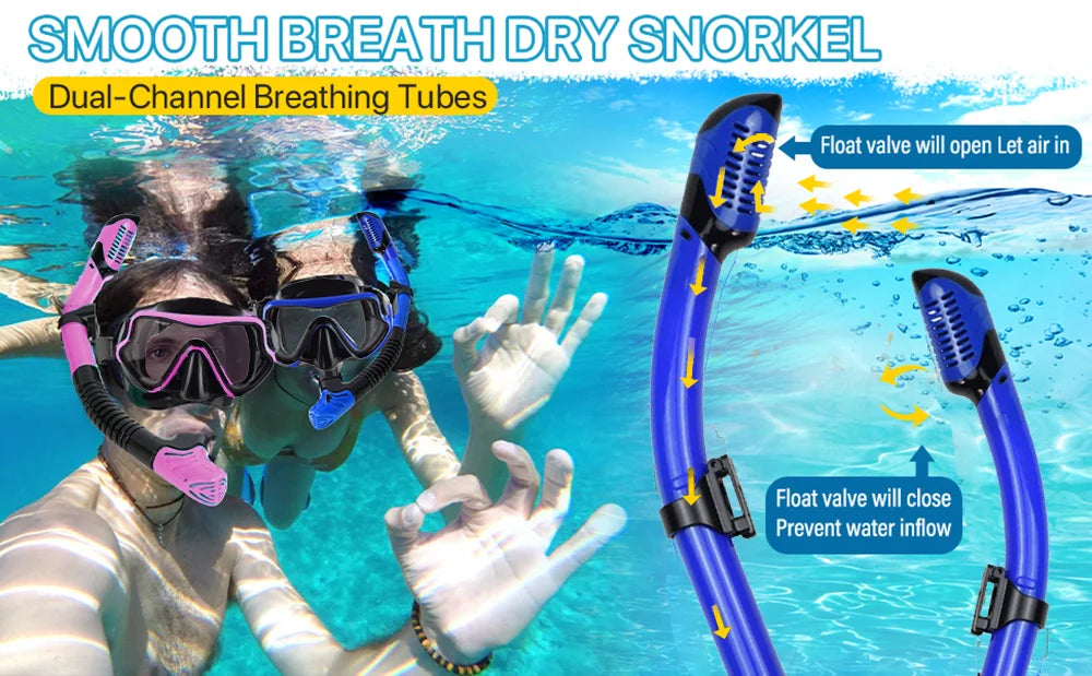 Mask Fin Snorkel Set Snorkel Gear for Adult Panoramic View Snorkel Mask Adjustable Dive Flipper Dry Top Snorkel and Travel Bag