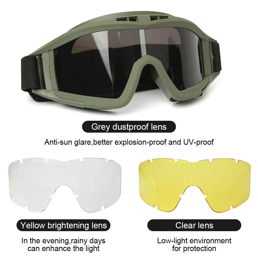 Goggles 3 lenses windproof dustproof shooting off-road motorbike mountain riding hiking glasses safety UV protection