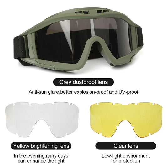 Goggles 3 lenses windproof dustproof shooting off-road motorbike mountain riding hiking glasses safety UV protection