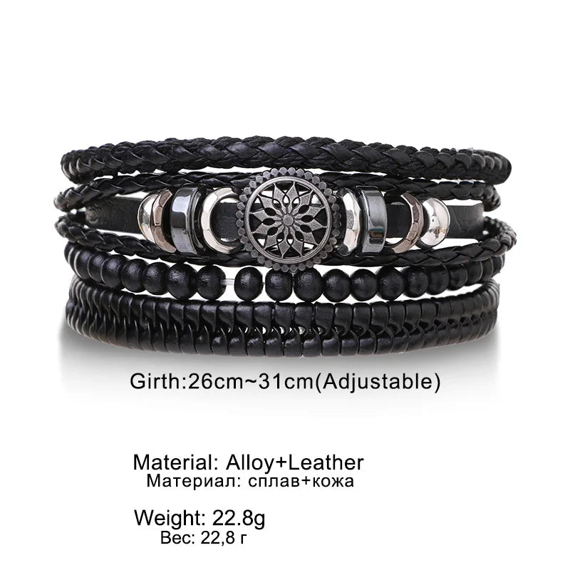 4Pcs/ Set Braided Wrap Leather Bracelet for Men Vintage Life Tree Rudder Charm Wood Bead Ethnic Tribal Wristband Rope Bracelet