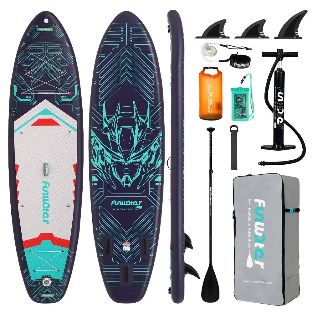 FunWater SUPFW50A 11'6" Inflatable SUP Board 200kg Capacity | Triple Fin System, Anti-Slip EVA Deck & Bungee - 13.3kg for Surf a