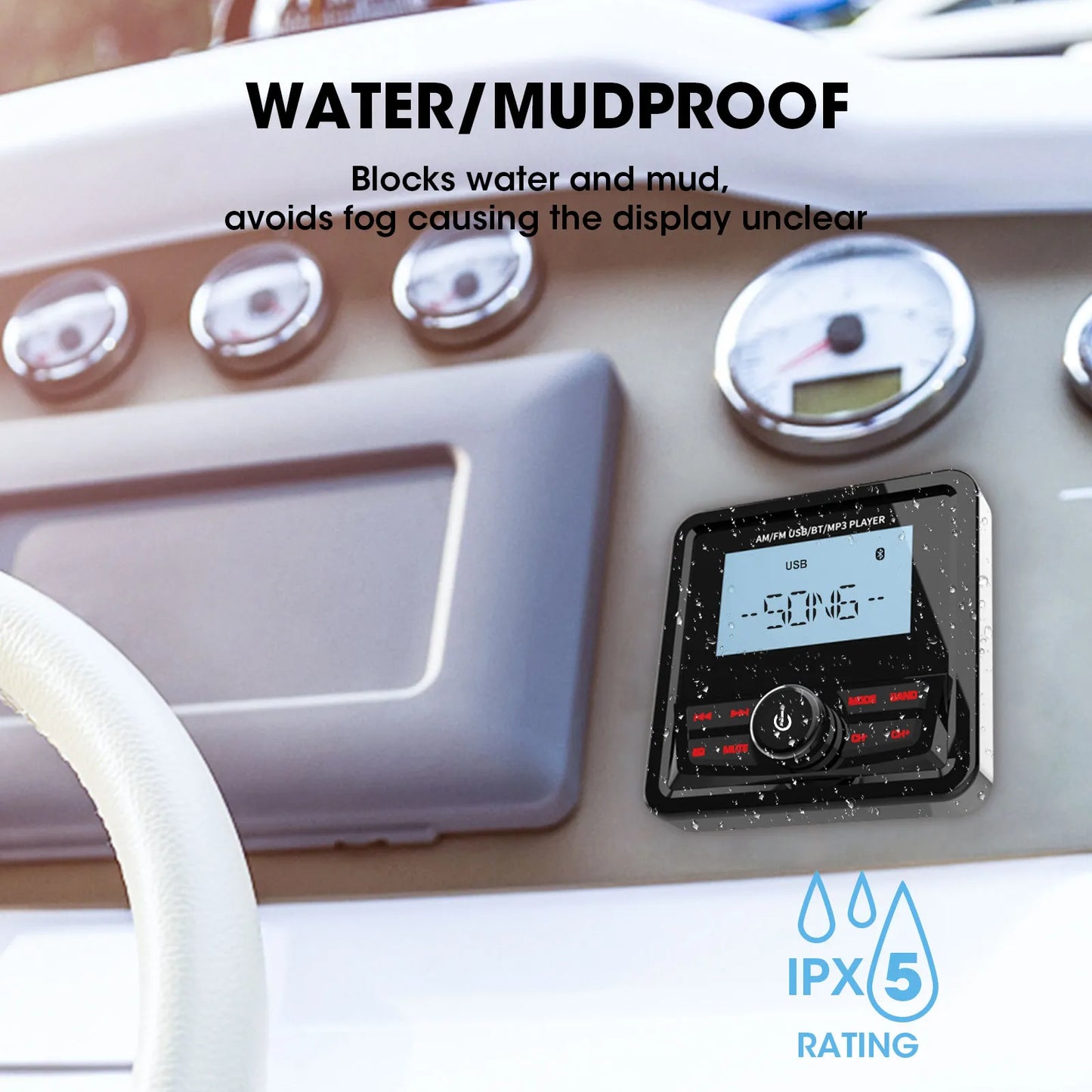 GRANDnavi Bluetooth Marine Stereo Boat Radio FM AM Digital Media Audio Player Waterproof For Yacht ATV UTV Golf Cart Motorcycle
