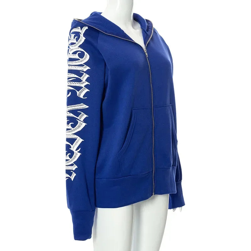 New 2024 Winter Letter Printed Zip Up Hoodie Streetwear Women Cyber Y2k Jackets Cardigan Gothic Punk Clothes Sweatshirts