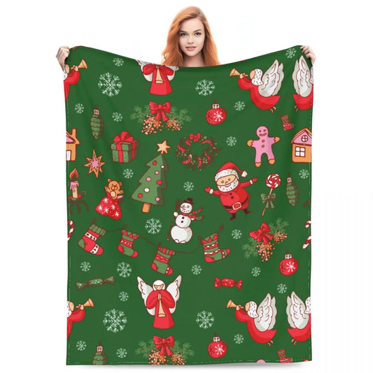 Cartoon Christmas Green Trees Santa Merch Blanket Fleece Home Happy Xmas Throw Blanket Relax Soft for Outdoor Bedding Throws