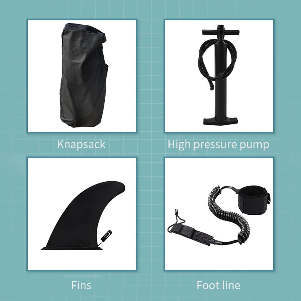Prancha de remo inflável, prancha de surf, esporte aquático, caiaque, conjunto de surf com placa de remo, barbatana traseira, corda de pé, inflador e bolsa
