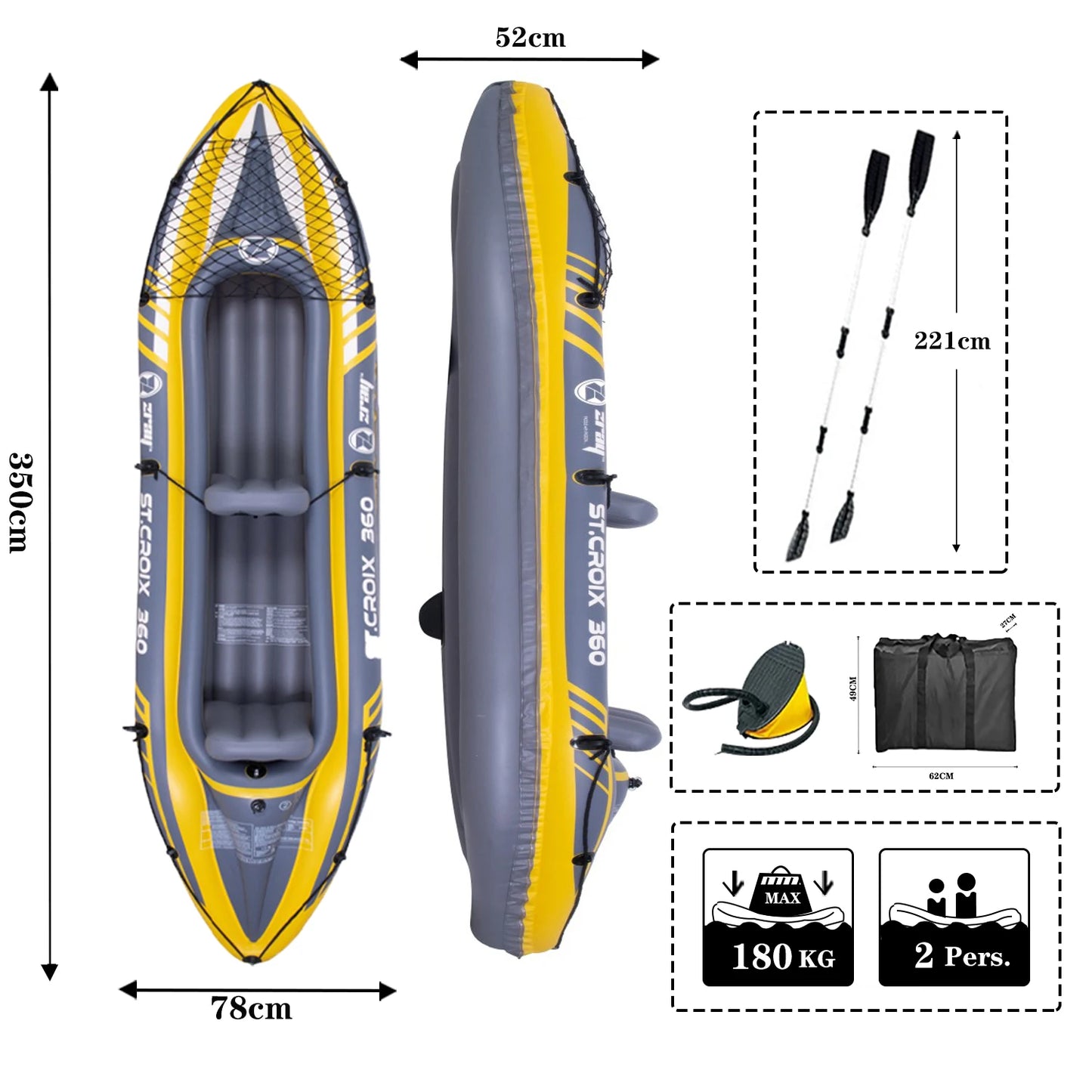 RAMYPOKET Inflatable Kayak  For 2 persons,Inflatable Boat With Robust PVC Outer Shel,350×78×52cm，Includes 2 Aluminum Paddles