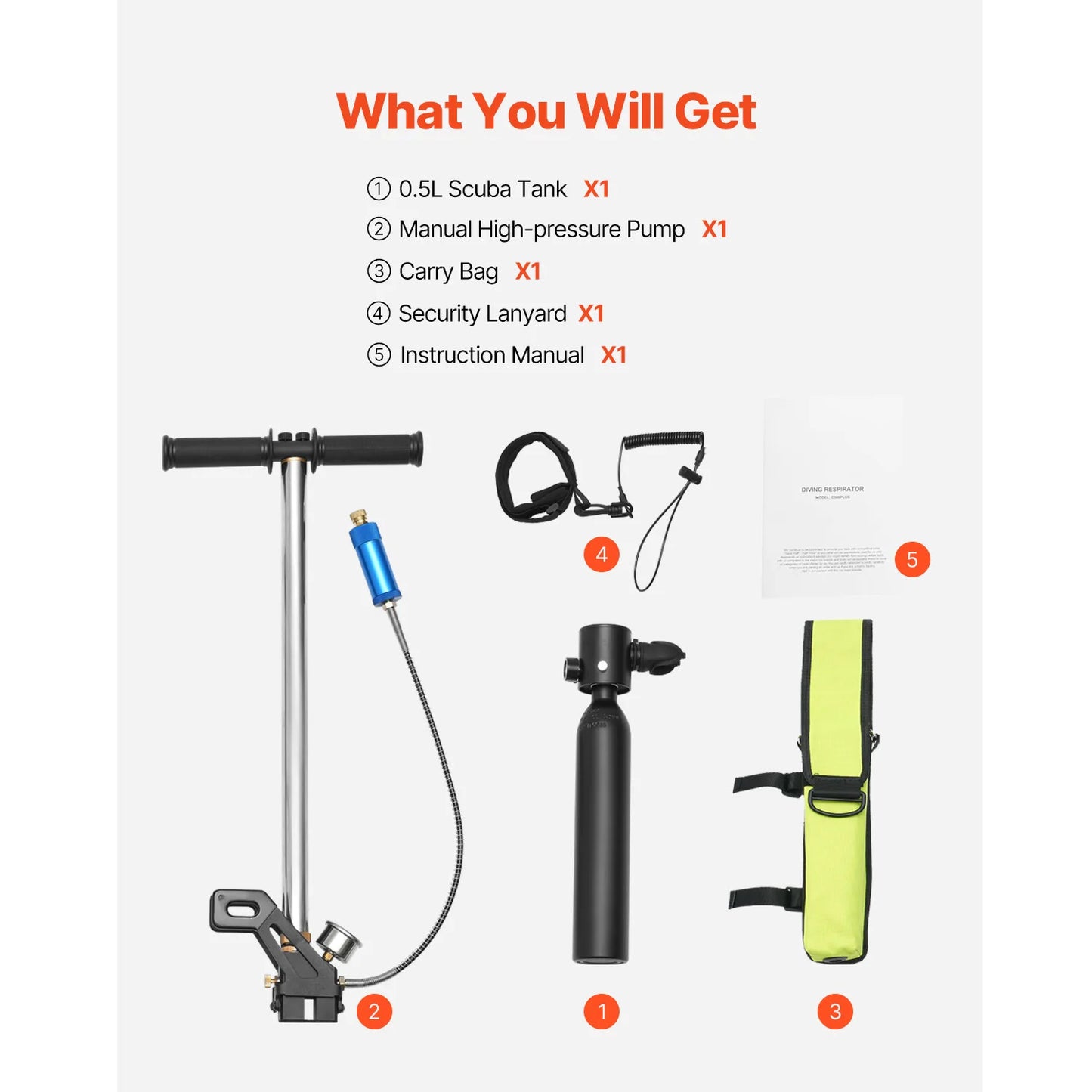 SucceBuy Scuba Tank 0.5 L Portable Diving Tank Diving Oxygen Cylinder Support 5-10 Minutes Underwater Breathing 98.43 ft Depth