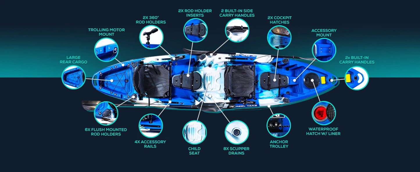 Reel Yaks Tandem Fishing Angler Kayak 12.5ft Sit On Top Boat for 2 3 Persons 550 lbs Capacity Stable W Hull Family Adventure