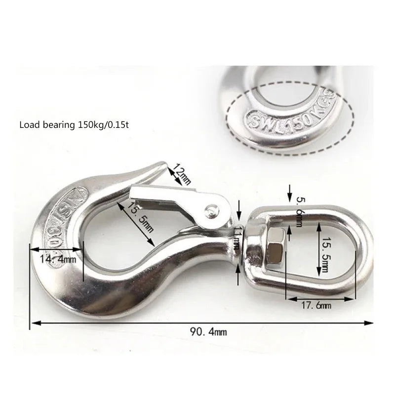Marine 304 Stainless Steel Lifting Chain Hoist Eye Swivel Rotatable Cargo Hook Shackle Swivel Snap Hook Load 0.15-1.5T HeavyDuty
