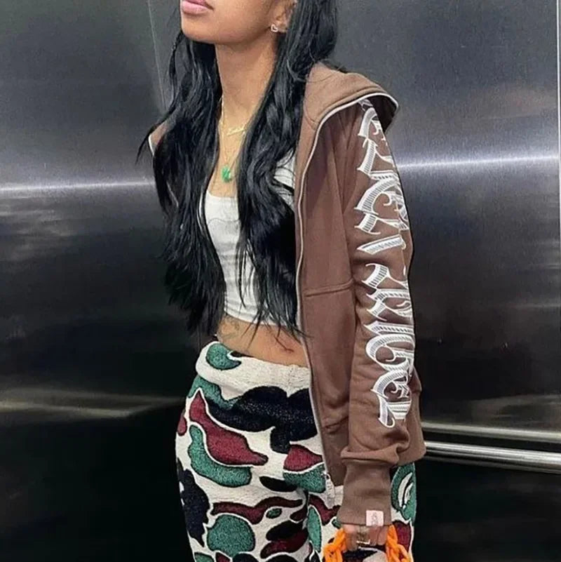 New 2024 Winter Letter Printed Zip Up Hoodie Streetwear Women Cyber Y2k Jackets Cardigan Gothic Punk Clothes Sweatshirts