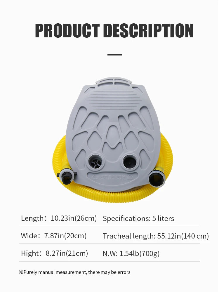 KOTESU foot-operated air pump for inflatable boats, SUP paddle boards, and kayaks, with a portable bellows design of 5L and 7L