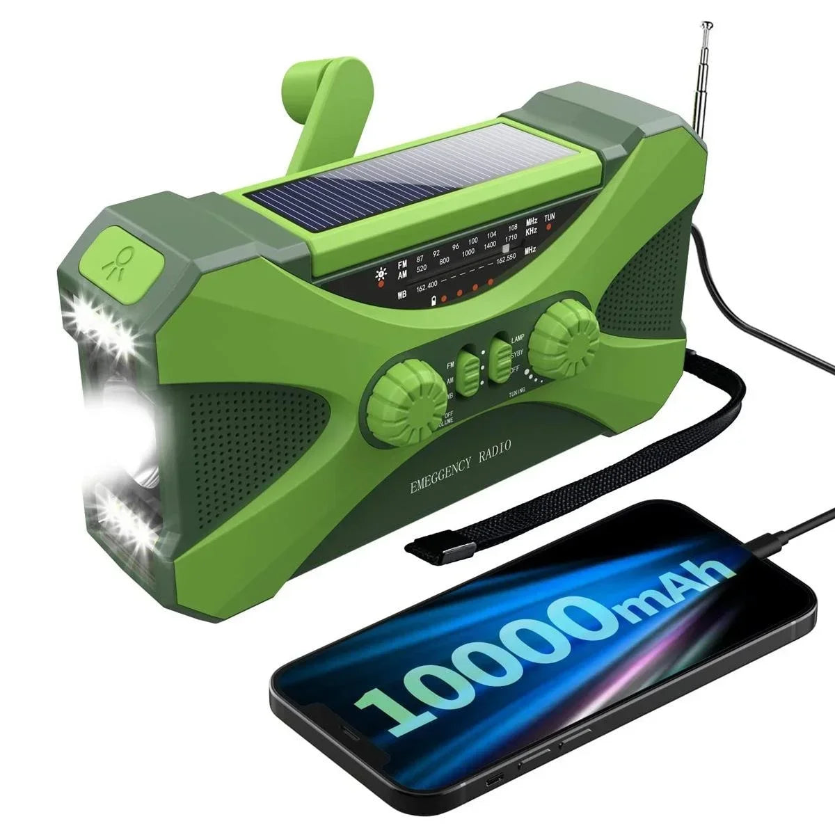 Multifunctional 10000mAh Solar Crank Radio  AM/FM/NOAA Weather Alert, Dual Stereo Speakers, Phone Charger, LED Torch & SOS Alarm