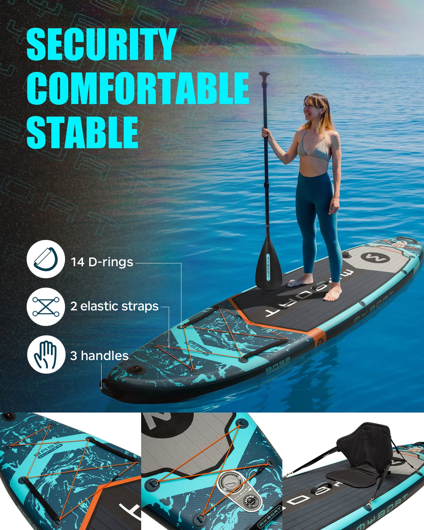 Myboat prancha de remo inflável extra larga, à prova d'água, 11'6''x34''x6'', estilo adulto, pesca aquática com acessórios SUP