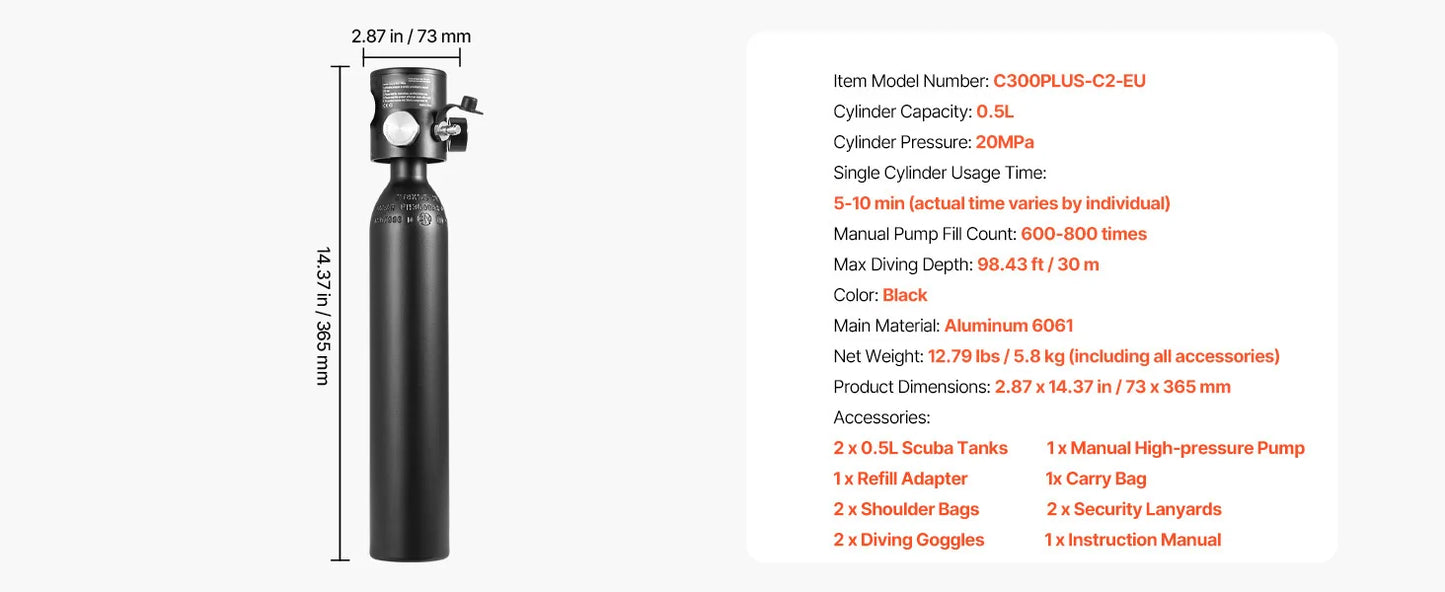 SucceBuy Scuba Tank 0.5 L Portable Diving Tank Diving Oxygen Cylinder Support 5-10 Minutes Underwater Breathing 98.43 ft Depth