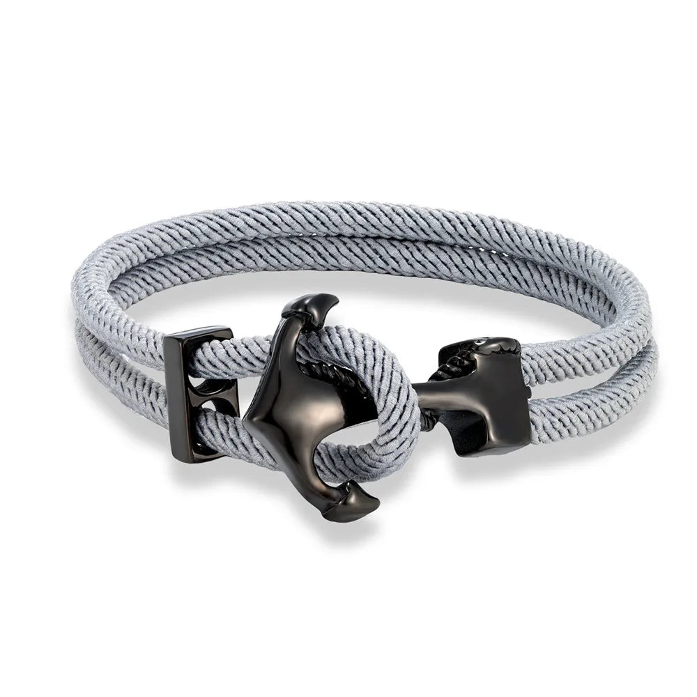 MKENDN Navy Anchor Bracelets Men Double strand Nautical Rope Bracelet Women Black Stainless Steel Surfer Sport Hook