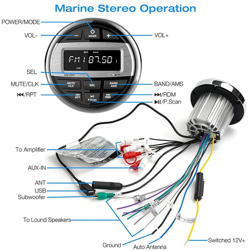 Marine Stereo Boat Radio Waterproof With Speaker Bluetooth FM AM Digital Media Audio Player For Yacht Gauge ATV UTV RV Golf Cart