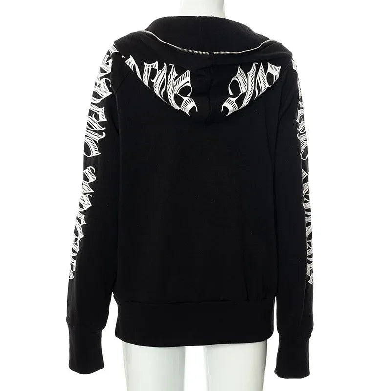 New 2024 Winter Letter Printed Zip Up Hoodie Streetwear Women Cyber Y2k Jackets Cardigan Gothic Punk Clothes Sweatshirts