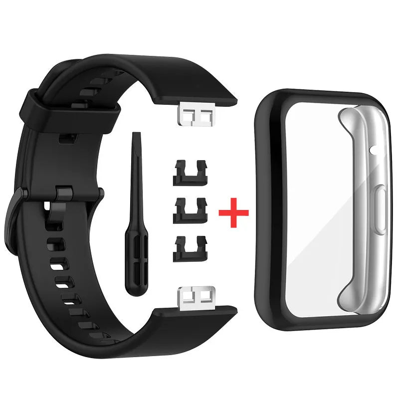 Pulseira de relógio de silicone + capa para huawei watch fit, pulseira de substituição, capa protetora multicolorida, acessórios