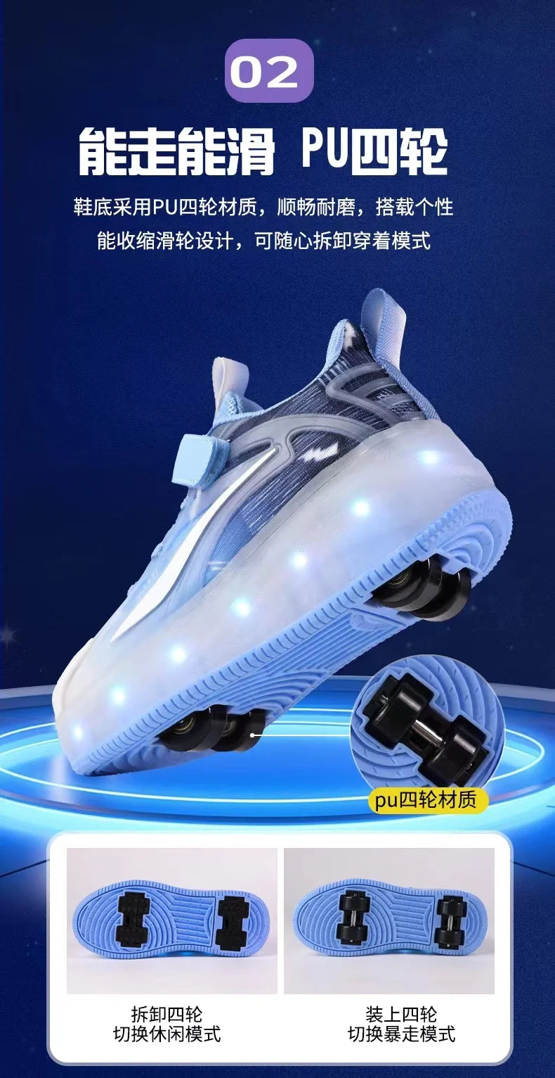 LED Roller Skate Shoes for Adults and Kids, USB Charging, Casual Running Sneakers for Boys and Girls, Outdoor Sports, Dual-Use