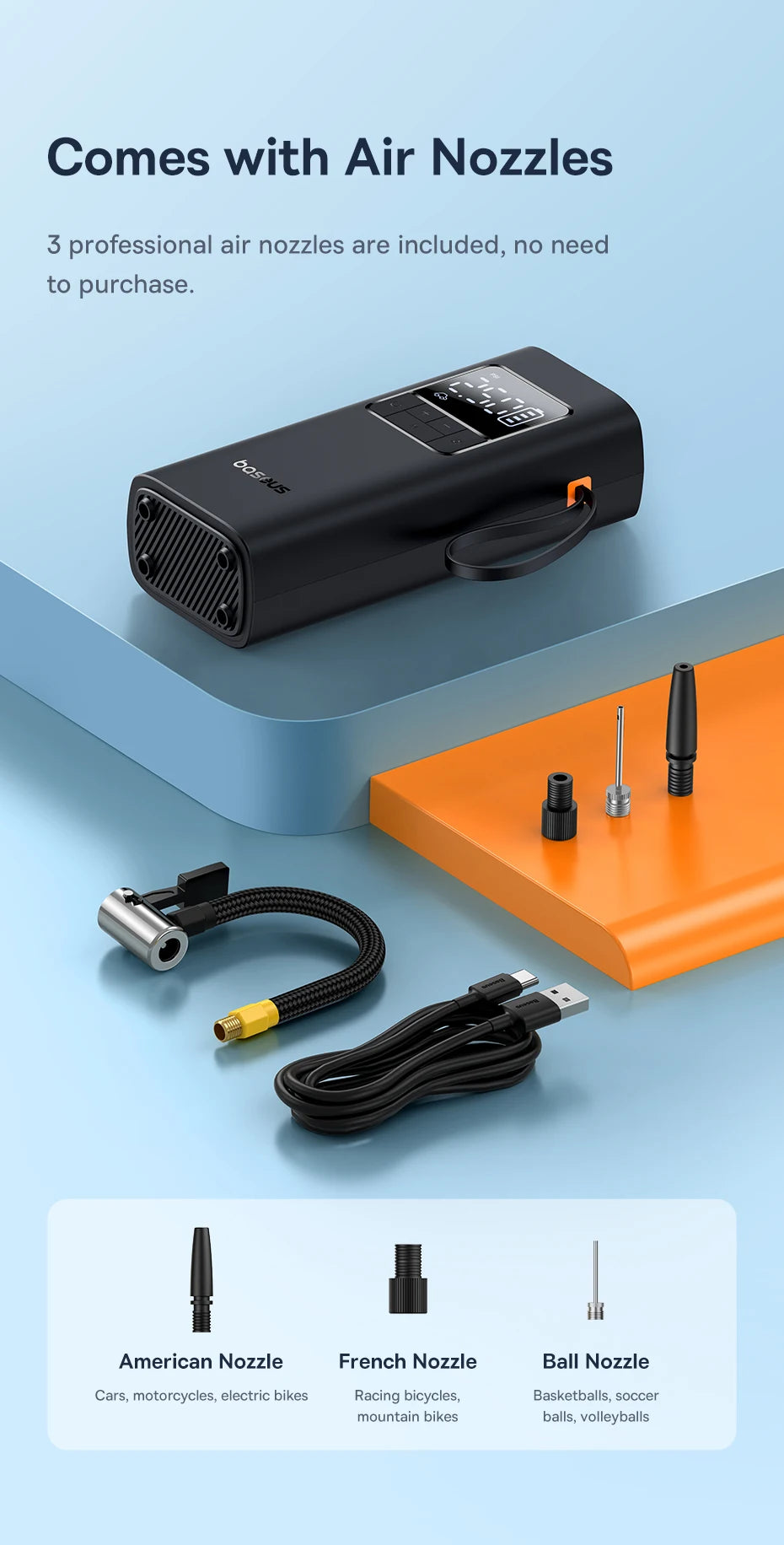 Baseus Wireless Air Pump Portable Air Compressor Smart Digital Electric Car Air Pump for Car Motorcycle Bicycle Inflator Pump