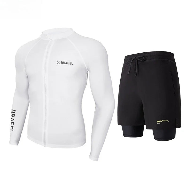 Men’s Long Sleeve Swimwear UV Protection Diving Snorkel Suit Quick Dry Wetsuit for Surfing Windsurfing Water Sports Shorts