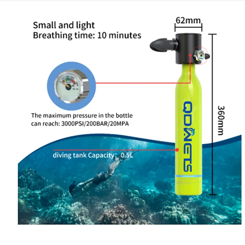 Mini Scuba Diving Tank Equipment Dive Cylinder with 5-10Minutes Capability 0.5 Litre Capacity with Refillable Design QDWETS