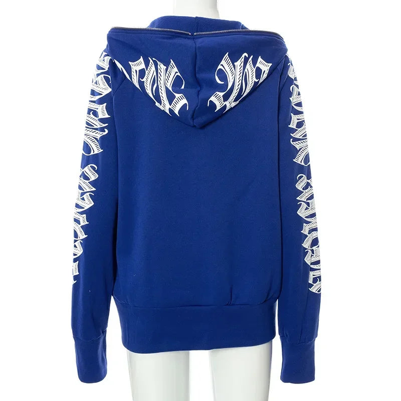 New 2024 Winter Letter Printed Zip Up Hoodie Streetwear Women Cyber Y2k Jackets Cardigan Gothic Punk Clothes Sweatshirts