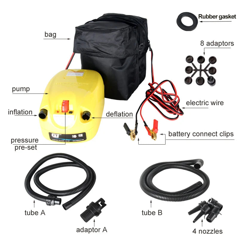 Portable Pvc Boat Pump DC12V Air Pump with Nozzles Storage Bag Support Inflation and Deflation Inflatable Kayak Accessories
