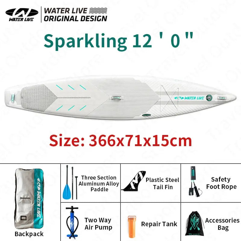 WATER LIVE Sparkling 12’ 0" Inflatable Surfing Board Pointed Design Cruise Travel Paddle Board With Safety Rope 12’ 0"x28"x6"