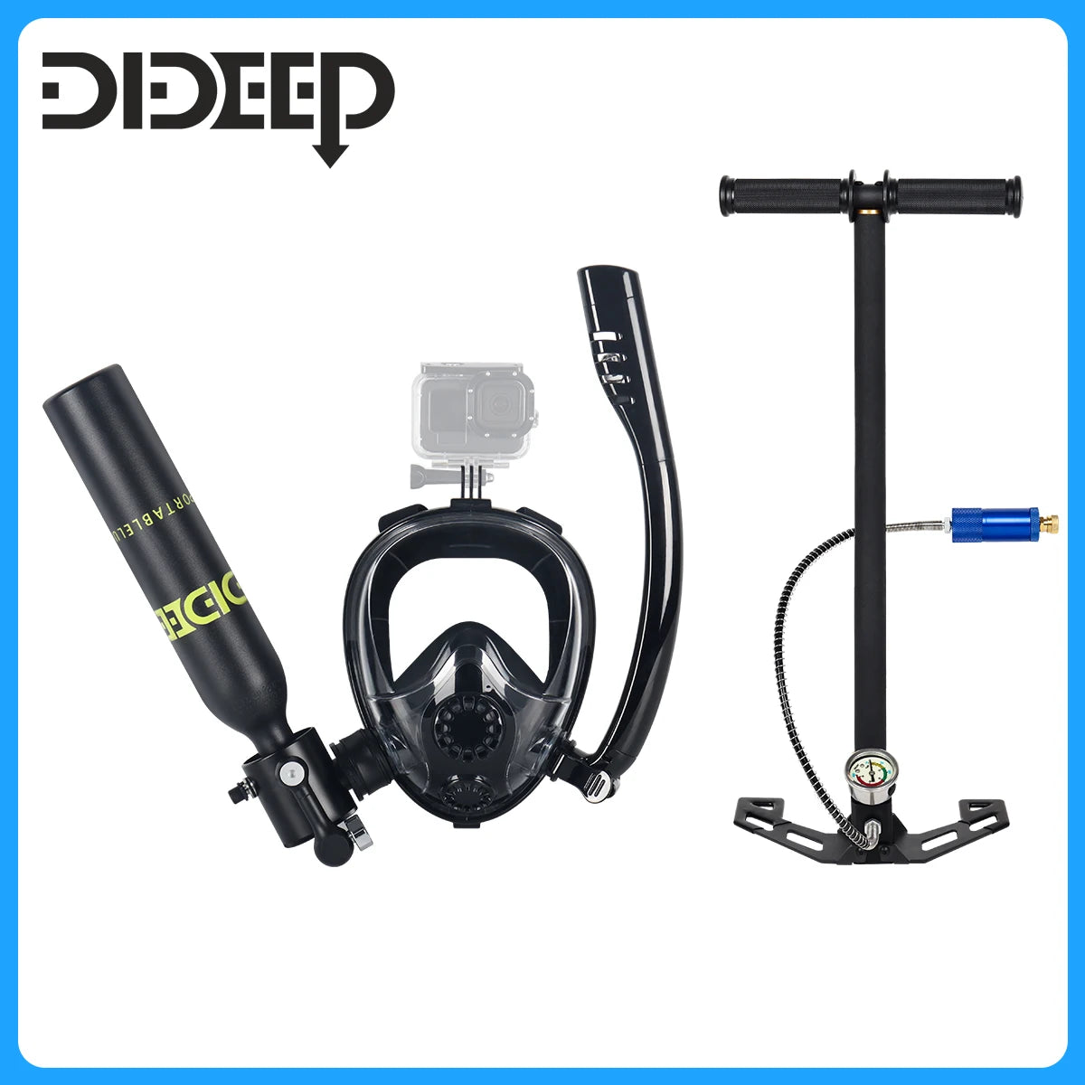 DIDEEP 0.5Liter Mini Scuba Diving Tank Set,Up to 5-10 Mins Underwater Diving Cylinder,Portable Lungs Gear with HD Full Face Mask