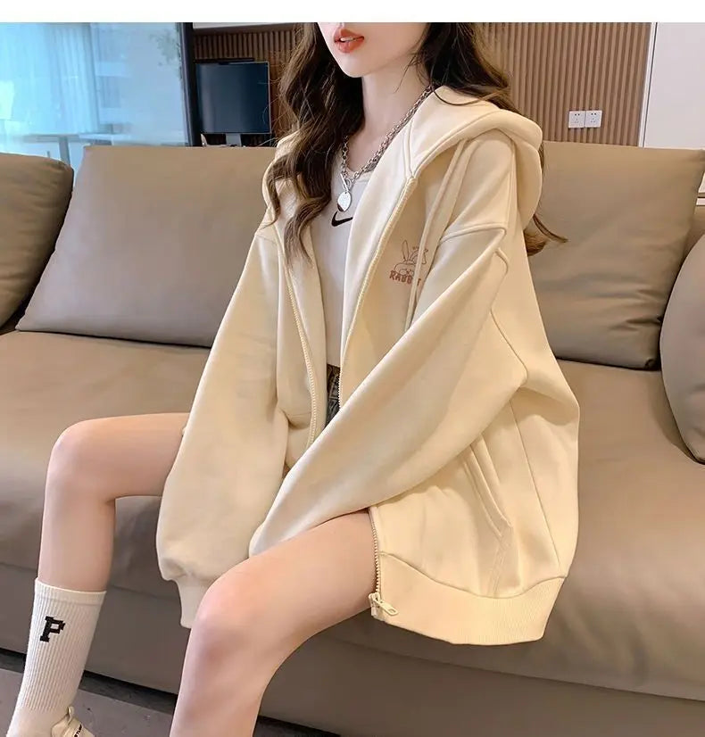 Printed Hoodies Women Retro Harajuku Solid Jacket High Street Zip Up Hoodie Casual Loose Sweatshirt Clothes Y2K Hoodies NS5608