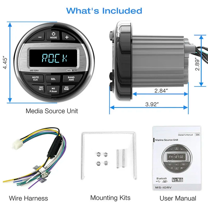 Marine Stereo Boat Radio Waterproof With Speaker Bluetooth FM AM Digital Media Audio Player For Yacht Gauge ATV UTV RV Golf Cart