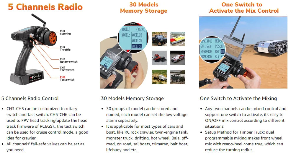 Radiolink RC6GS V3 2.4G 7 Channel Radio Transmitter with R7FG Receiver Gyro Telemetry Included Remote Controller for RC Car Boat