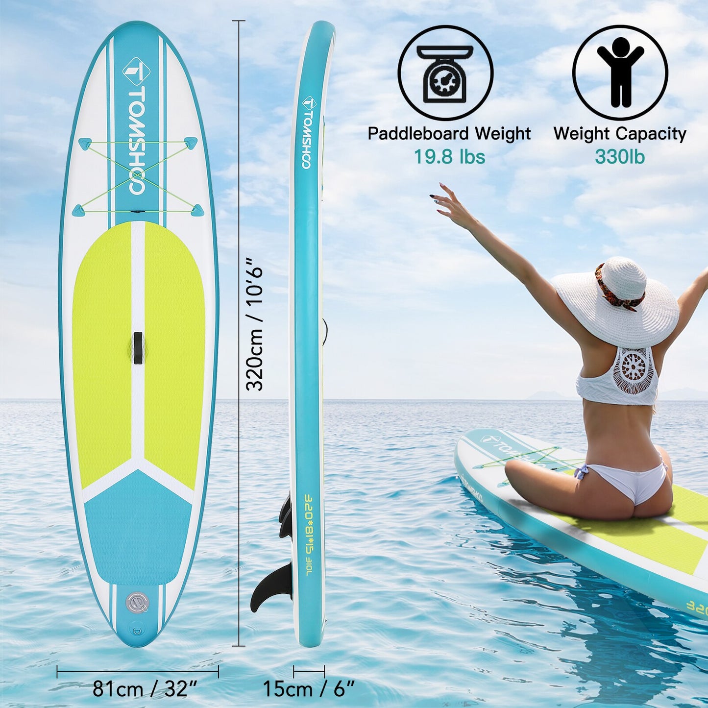 Tomshoo 3.2M Sup Board Inflatable Sapboard Stand Up Paddle Board 6 Inch Thick SUP Board Water Sport Surf Set Pump Sub Board