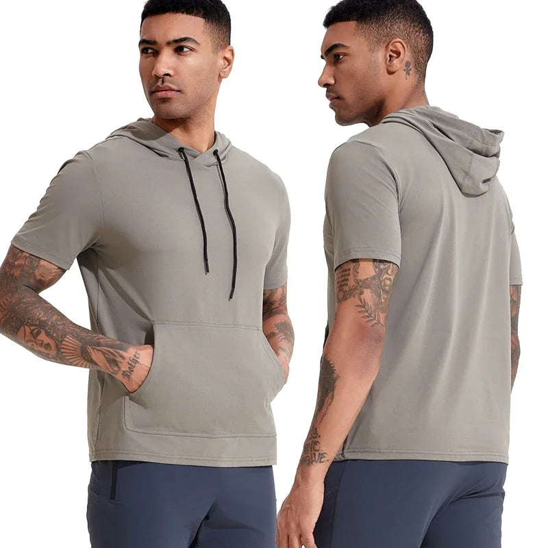 Mens Hoodies Sweatshirts Short Sleeve Tight Sports Jogging Compression Hoodie Outdoor Leisure Tees Casual Solid Color Hoody