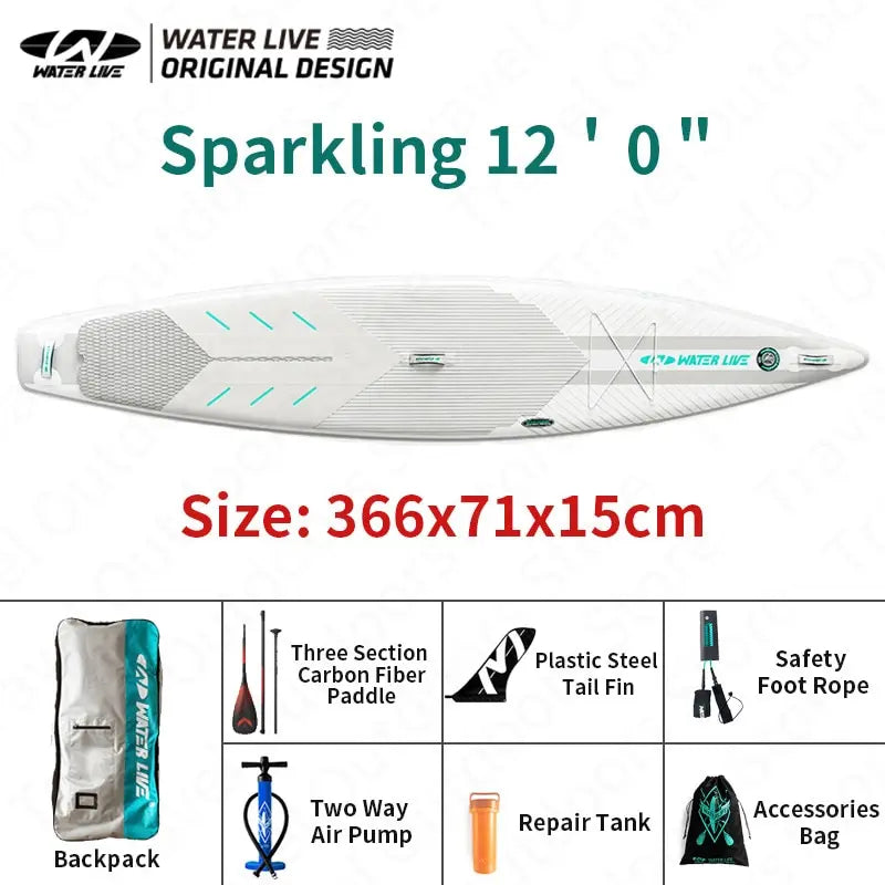 WATER LIVE Sparkling 12’ 0" Inflatable Surfing Board Pointed Design Cruise Travel Paddle Board With Safety Rope 12’ 0"x28"x6"