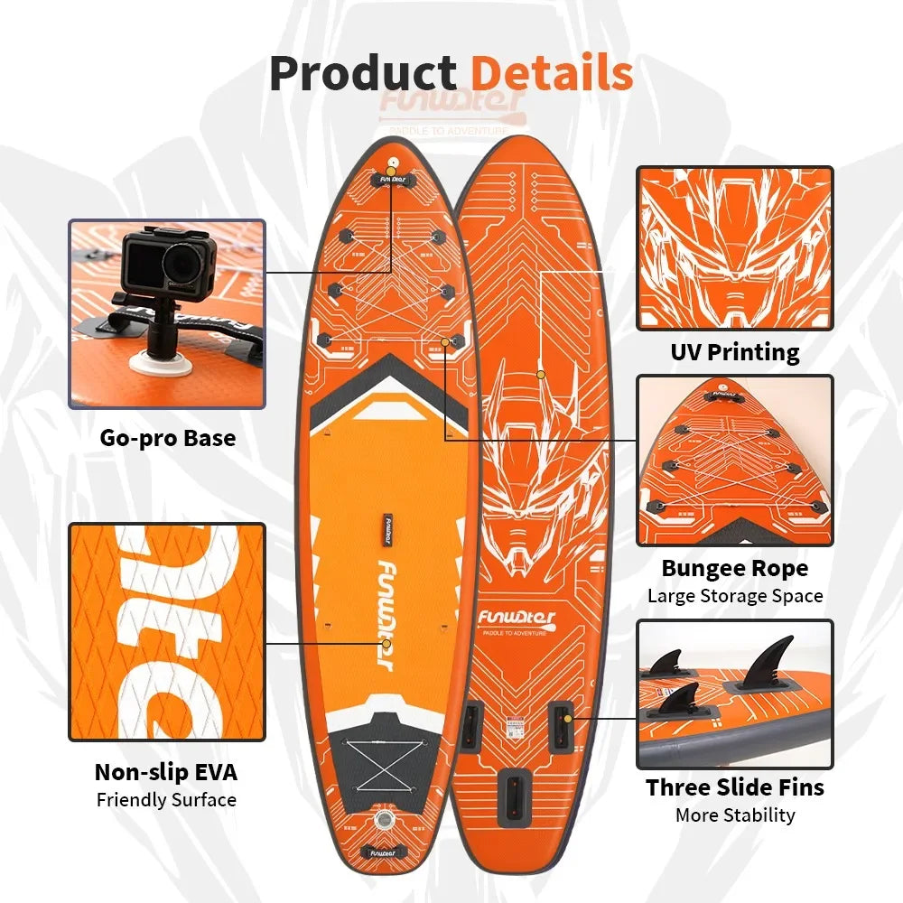 FunWater SUPFW50A 11'6" Inflatable SUP Board 200kg Capacity | Triple Fin System, Anti-Slip EVA Deck & Bungee - 13.3kg for Surf a