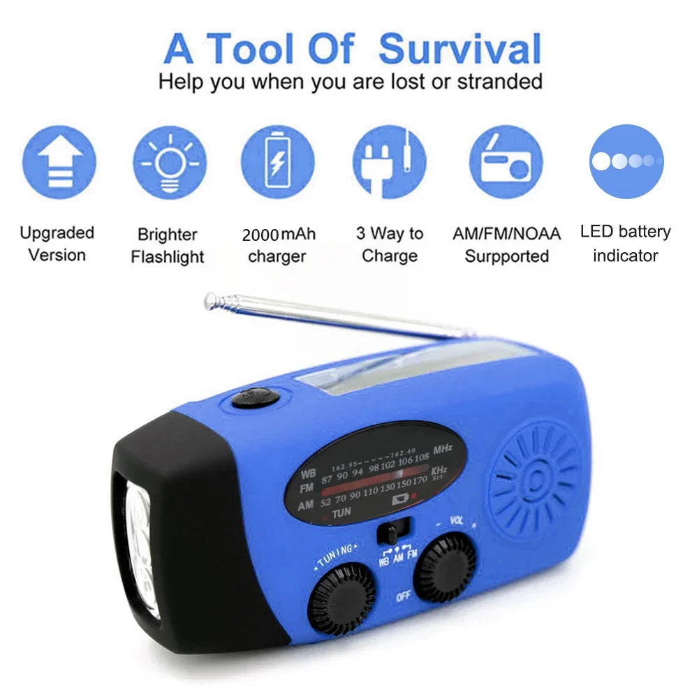 Portable Phone Charger with LED Lights Solar Hand Crank Radio USB Charged & Solar Power Multifunctional for Camping Emergency