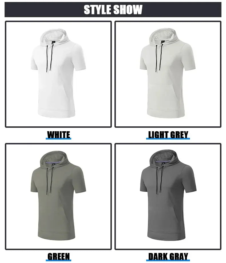 Mens Hoodies Sweatshirts Short Sleeve Tight Sports Jogging Compression Hoodie Outdoor Leisure Tees Casual Solid Color Hoody