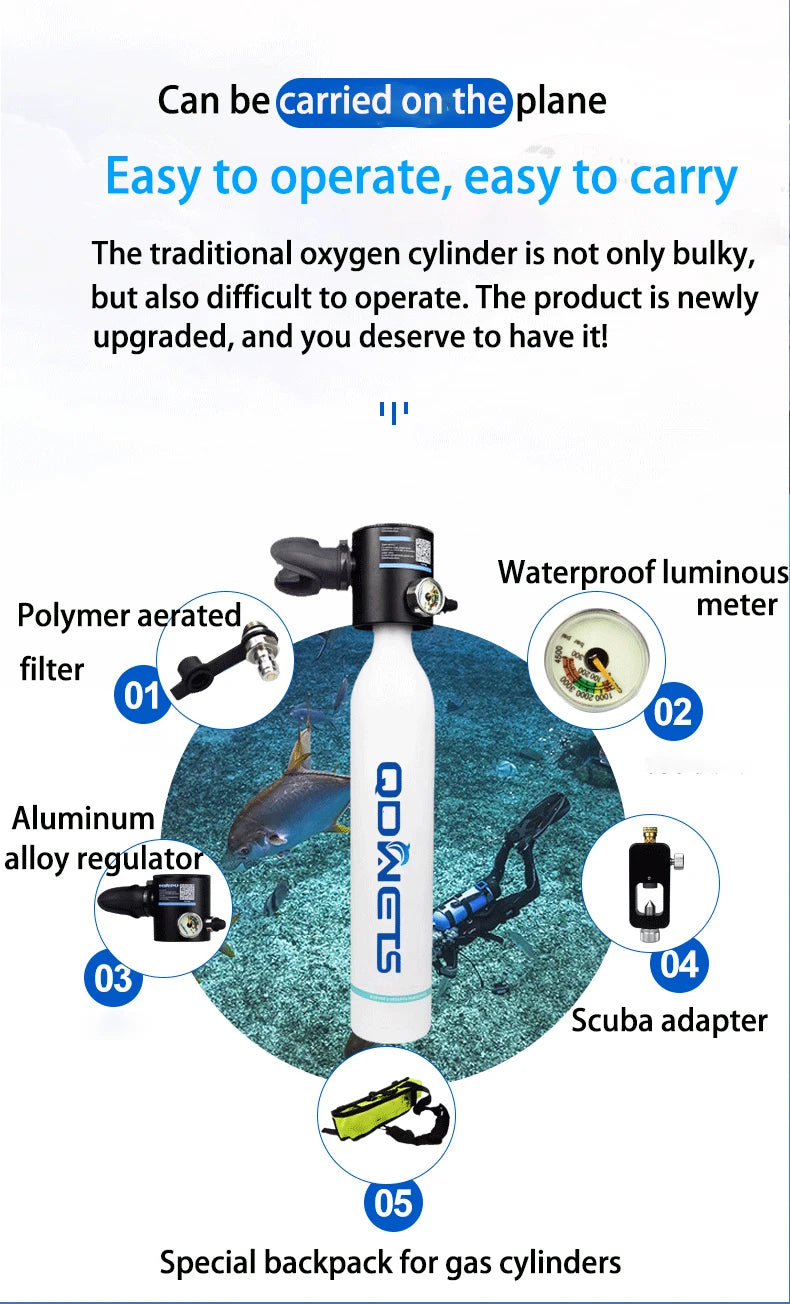 Mini Scuba Diving Tank Equipment Dive Cylinder with 5-10Minutes Capability 0.5 Litre Capacity with Refillable Design QDWETS