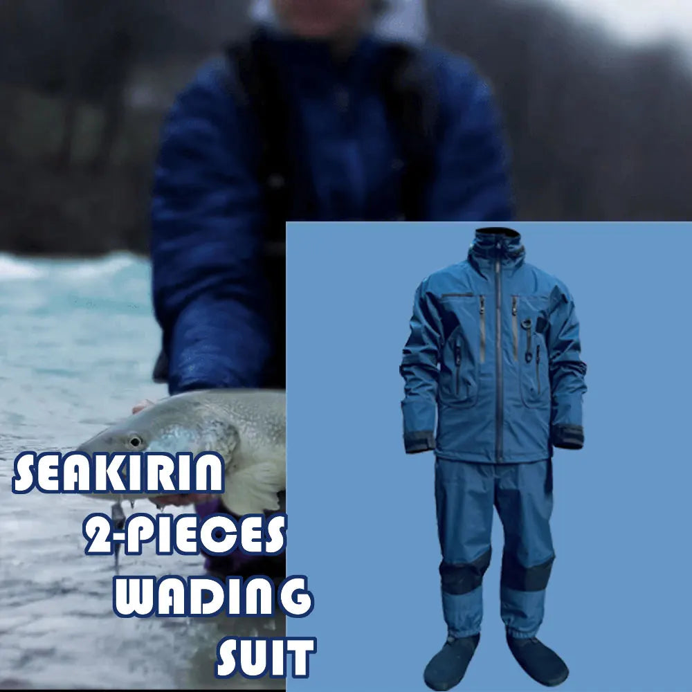 Waterproof Fishing Rain Suit Set Insulated Waist Wader and Hooded Wading Jacket Winter Sailing Clothing for Men&Women Navy Blue