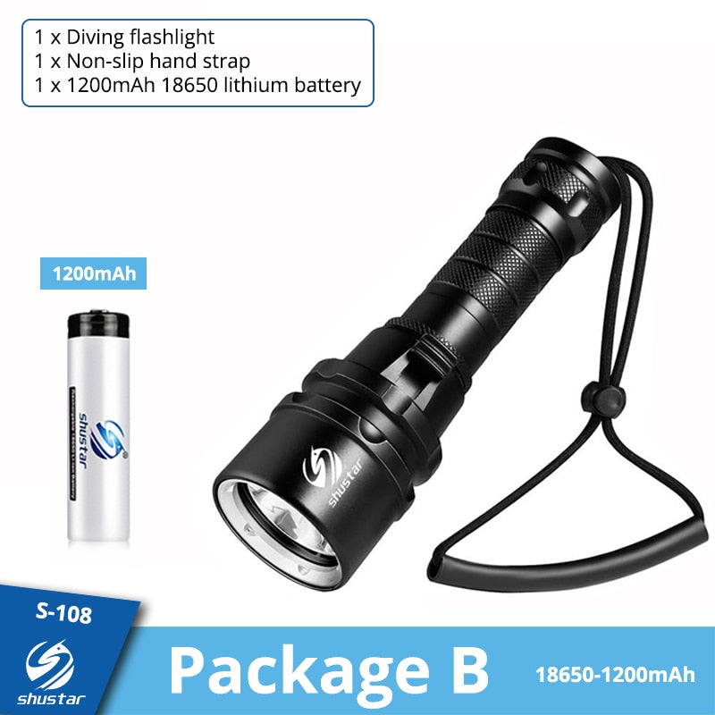 Super bright Diving Flashlight IP68 highest waterproof rating Professional diving light Powered by 18650 battery With hand rope