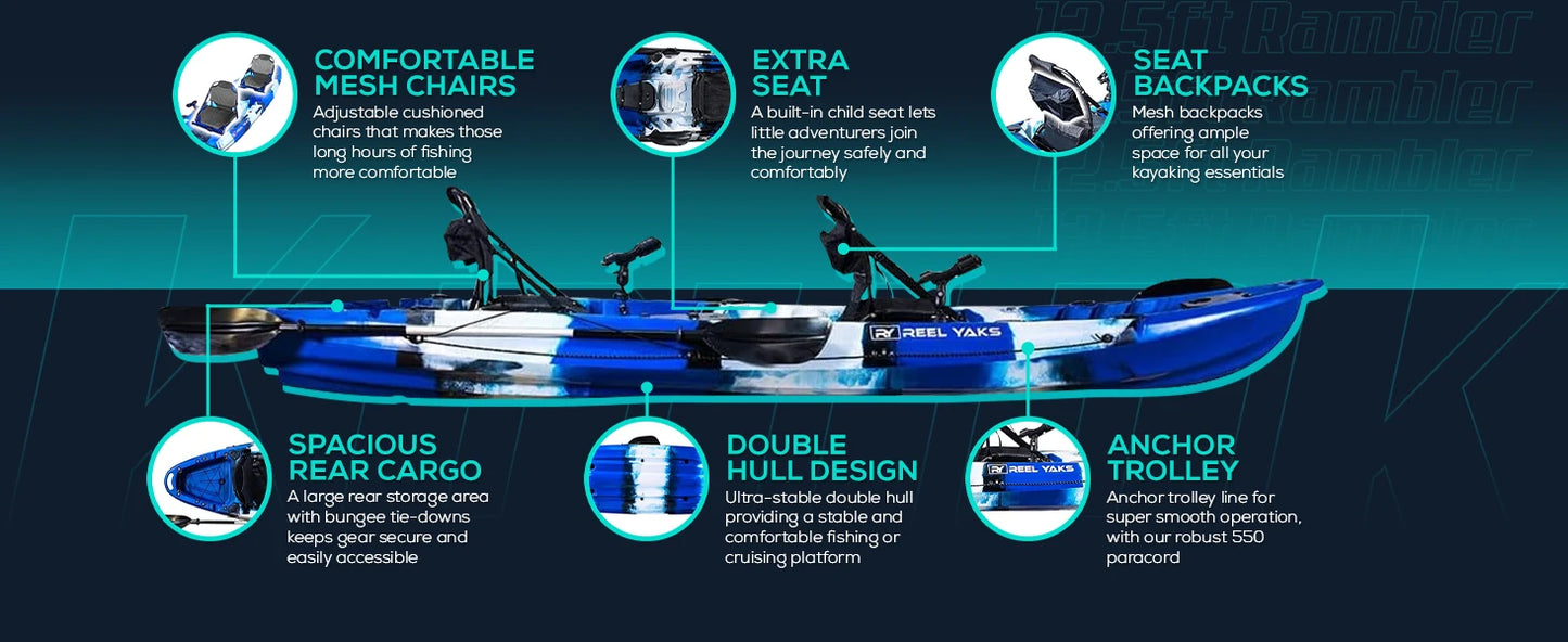 Reel Yaks Tandem Fishing Angler Kayak 12.5ft Sit On Top Boat for 2 3 Persons 550 lbs Capacity Stable W Hull Family Adventure