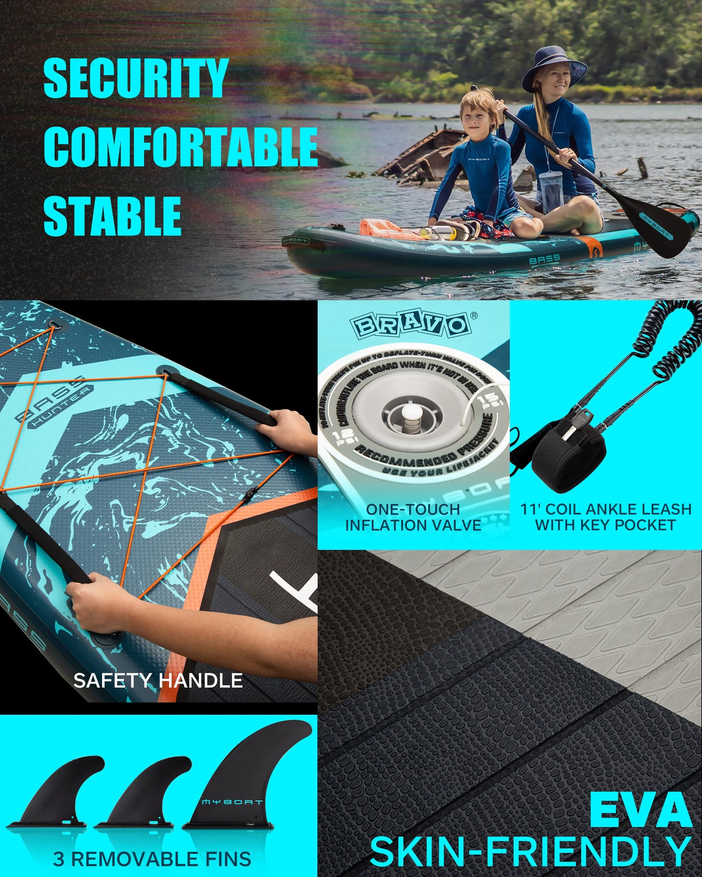 Myboat prancha de remo inflável extra larga, à prova d'água, 11'6''x34''x6'', estilo adulto, pesca aquática com acessórios SUP