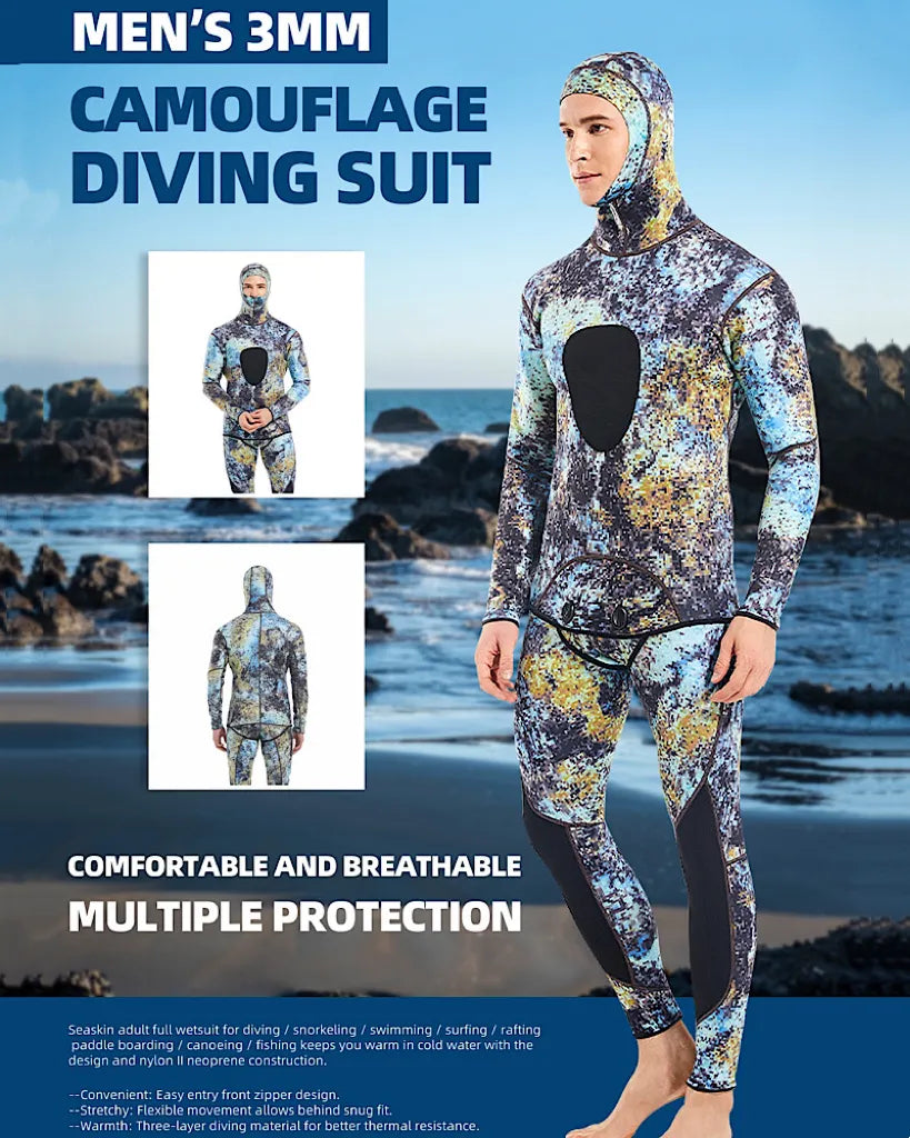 DEMMET Hooded Camouflage 3MM Two-piece Neoprene Wetsuit For Scuba Diving Swimming Underwater Hunting Wetsuit Keeps Warm And Cold