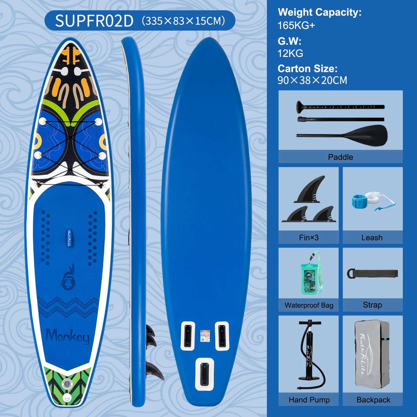 FunWater 11' Inflatable Stand Up Paddle Board SUP Surfboard Set 335cm Ultra-Light Non-Slip Deck with Pump Paddle Backpack Leash